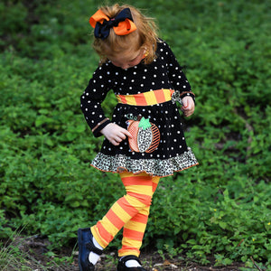 AnnLoren Girls Standard Sets AnnLoren Girls Autumn Black Polka Dot Orange Pumpkin Dress & Leggings Outfit