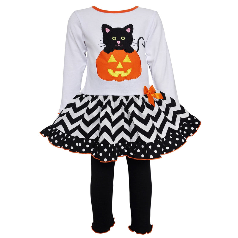 AnnLoren Girls Standard Sets AnnLoren Girls' Halloween Orange Pumpkin and Black Cat Dress & Leggings Outfit
