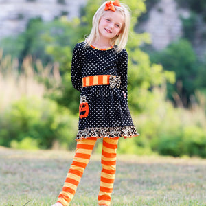 AnnLoren Girls Standard Sets AnnLoren Girls' Halloween Orange Pumpkin Polka Dot Dress & Leggings Outfit