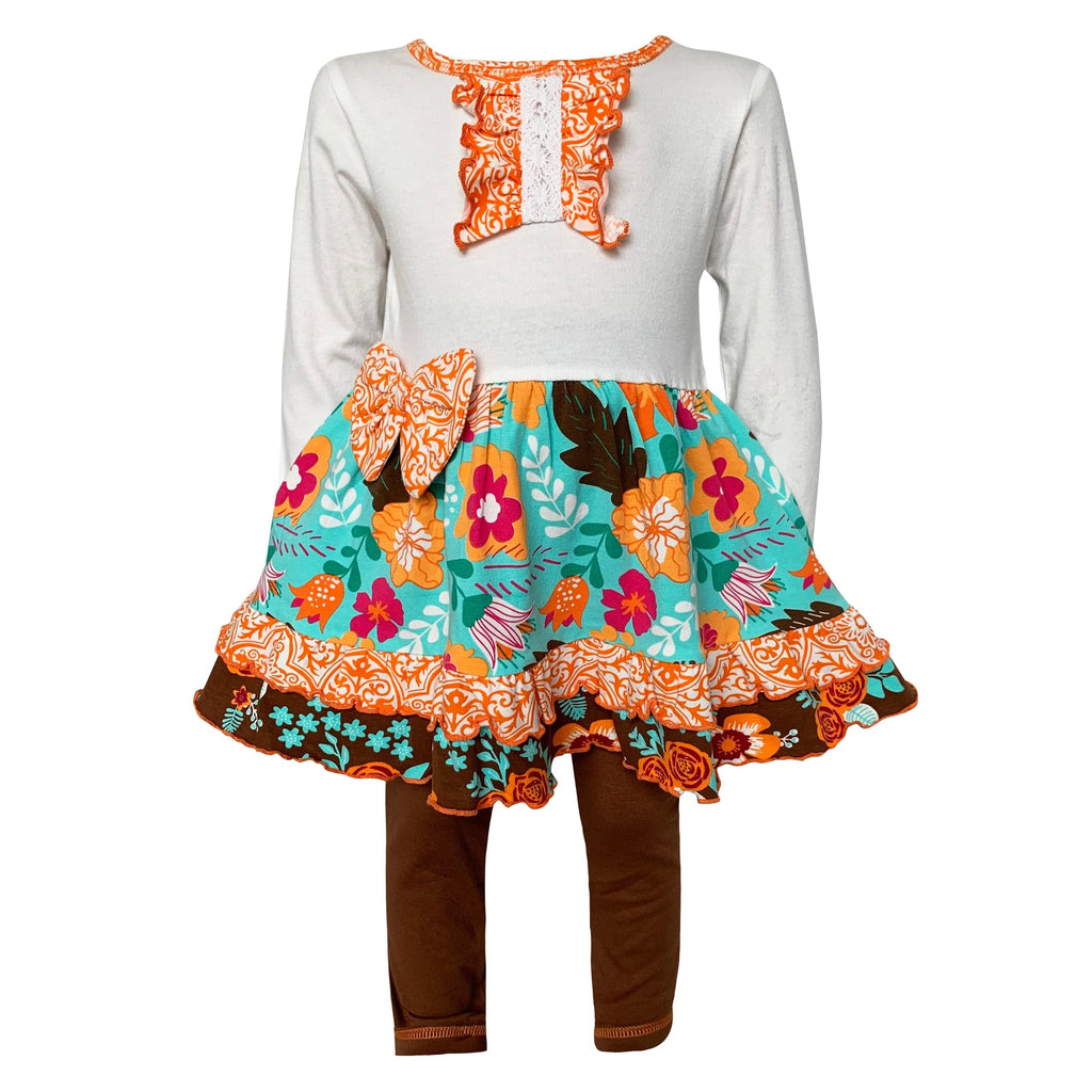 AnnLoren Girls Standard Sets AnnLoren Girls Holiday Autumn Floral Ruffle Thanksgiving Dress & Leggings