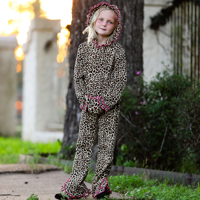 AnnLoren Girls Standard Sets AnnLoren Girls Leopard Ruffle Hoodie 2 Pc Fashion Track Suit sz 2/3T-9/10
