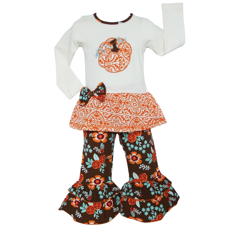 AnnLoren Girls Standard Sets AnnLoren Girls Pumpkin Patch Autumn Floral Thanksgiving Outfit
