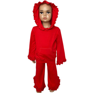 AnnLoren Girls Standard Sets AnnLoren Girls Red Ruffle Hoodie 2 Pc Fashion Track Suit sz 2/3T-9/10