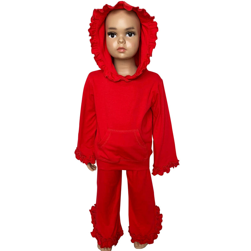 AnnLoren Girls Standard Sets AnnLoren Girls Red Ruffle Hoodie 2 Pc Fashion Track Suit sz 2/3T-9/10