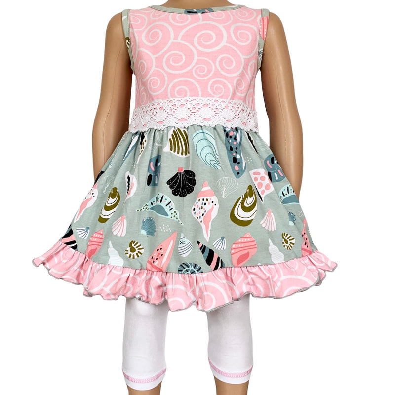 AnnLoren Girls Standard Sets AnnLoren Girls Seashells & Swirls Dress & White Capri Leggings Boutique Set
