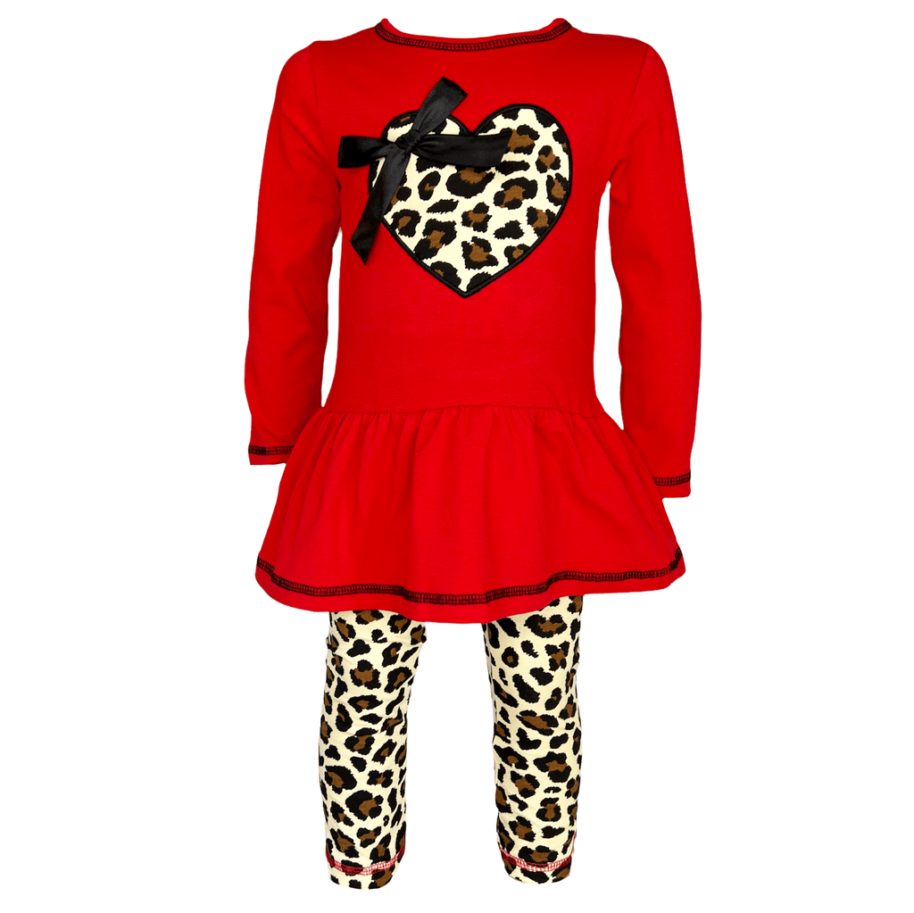 AnnLoren Girls Standard Sets AnnLoren Girls Winter Leopard Heart Holiday Dress Tunic & Leggings Set Outfit