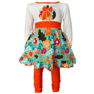 AnnLoren Girls Standard Sets AnnLoren Little and Big Girls Vibrant Autumn Floral Pumpkin Thanksgiving Dress & Leggings