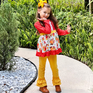 AnnLoren Outfit Sets Boutique Girls Boutique Fall Floral Eyelet Tunic & Mustard Ruffle Pants Set