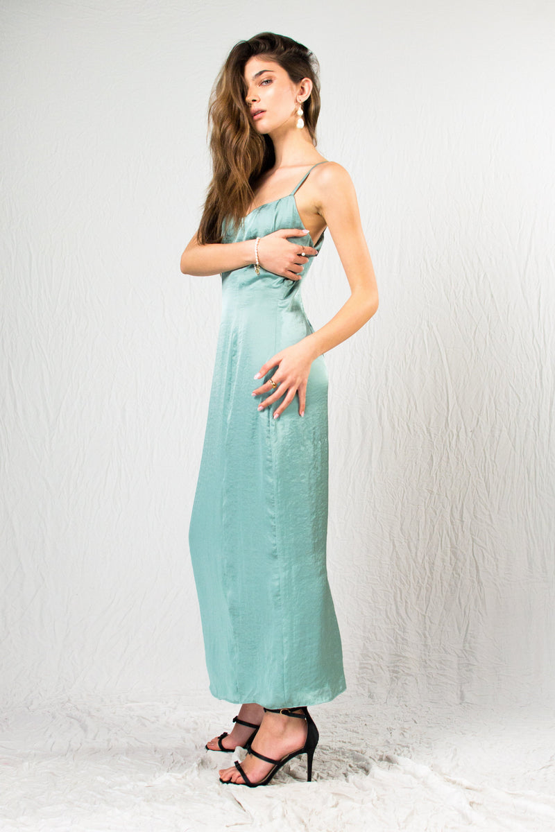 Turquoise silk satin ankle length strap dress - Custom Made - Bastet Noir