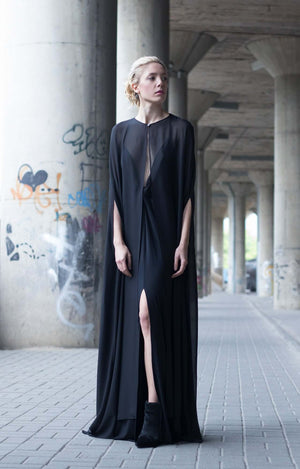 Bastet Noir Cape CUSTOM / Black Black Maxi Cape In Satin Silk