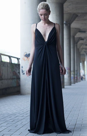 Bastet Noir Maxi Dresses Black Plunging Neckline Dress In Georgette Silk