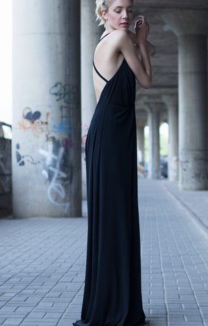 Bastet Noir Maxi Dresses Black Plunging Neckline Dress In Georgette Silk