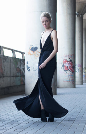 Bastet Noir Maxi Dresses Black Plunging Neckline Dress In Georgette Silk