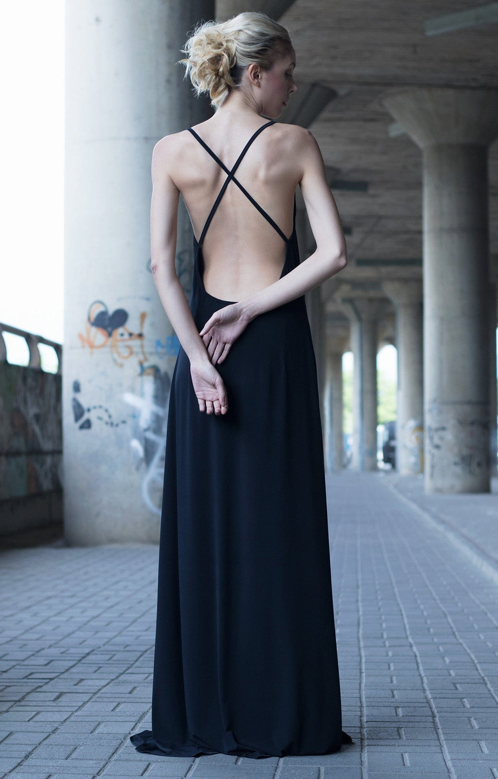 Bastet Noir Maxi Dresses CUSTOM / Black Black Plunging Neckline Dress In Georgette Silk