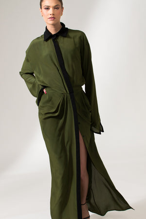 Bastet Noir Maxi Dresses CUSTOM / Olive The Angela Long Sleeve Crepe De Chine Maxi Dress in Olive