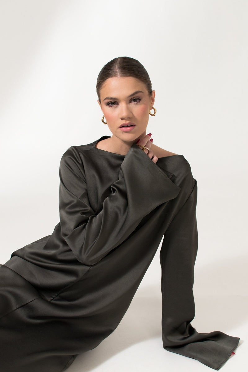 Bastet Noir Maxi Dresses The Alicia Satin Crepe Silk Maxi Evening Dress In Dark Grey, Black, or Cream White