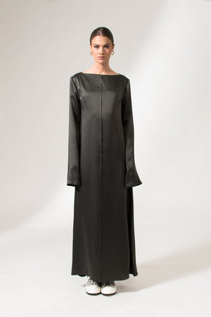 Bastet Noir Maxi Dresses The Alicia Satin Crepe Silk Maxi Evening Dress In Dark Grey, Black, or Cream White