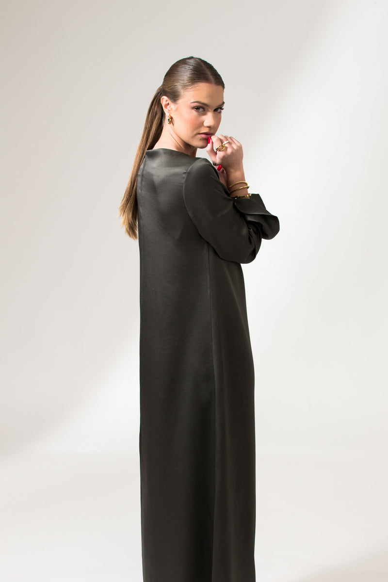 Bastet Noir Maxi Dresses The Alicia Satin Crepe Silk Maxi Evening Dress In Dark Grey, Black, or Cream White