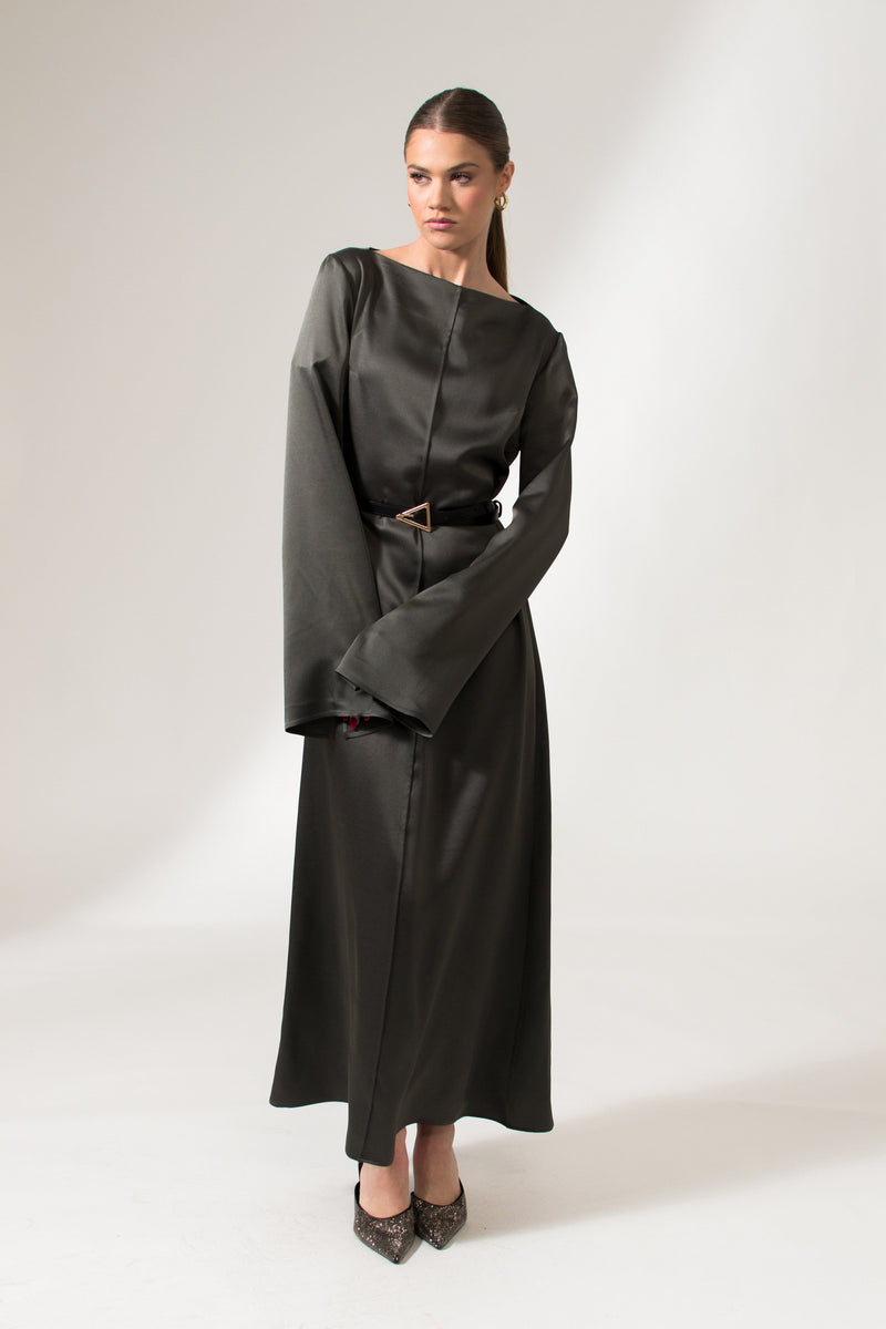 Bastet Noir Maxi Dresses The Alicia Satin Crepe Silk Maxi Evening Dress In Dark Grey, Black, or Cream White