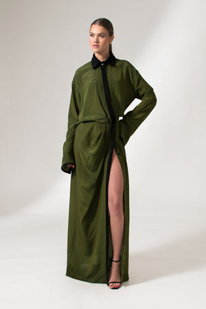 Bastet Noir Maxi Dresses The Angela Long Sleeve Crepe De Chine Maxi Dress in Olive