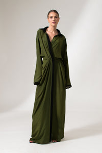 Bastet Noir Maxi Dresses The Angela Long Sleeve Crepe De Chine Maxi Dress in Olive