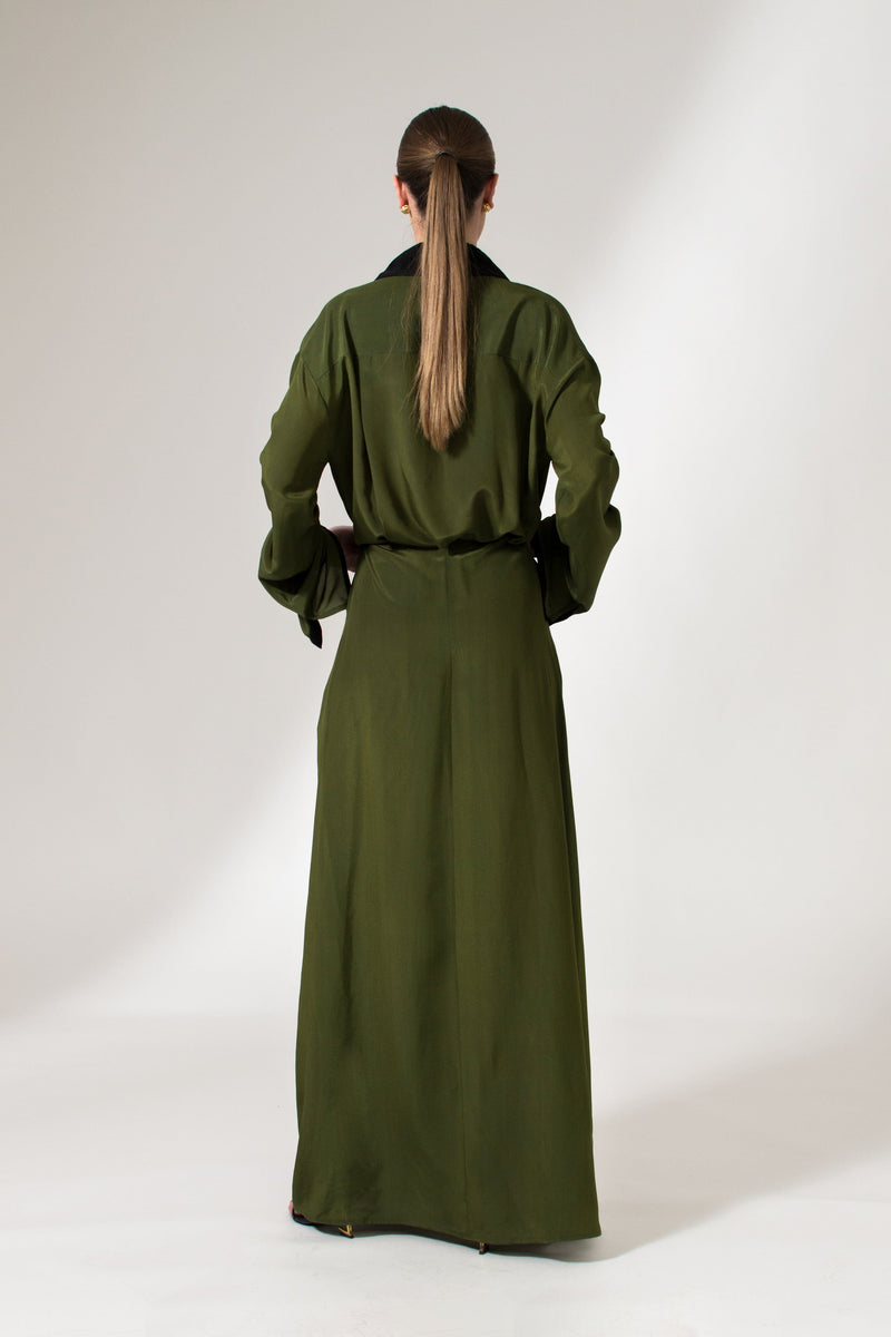 Bastet Noir Maxi Dresses The Angela Long Sleeve Crepe De Chine Maxi Dress in Olive