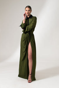 Bastet Noir Maxi Dresses The Angela Long Sleeve Crepe De Chine Maxi Dress in Olive