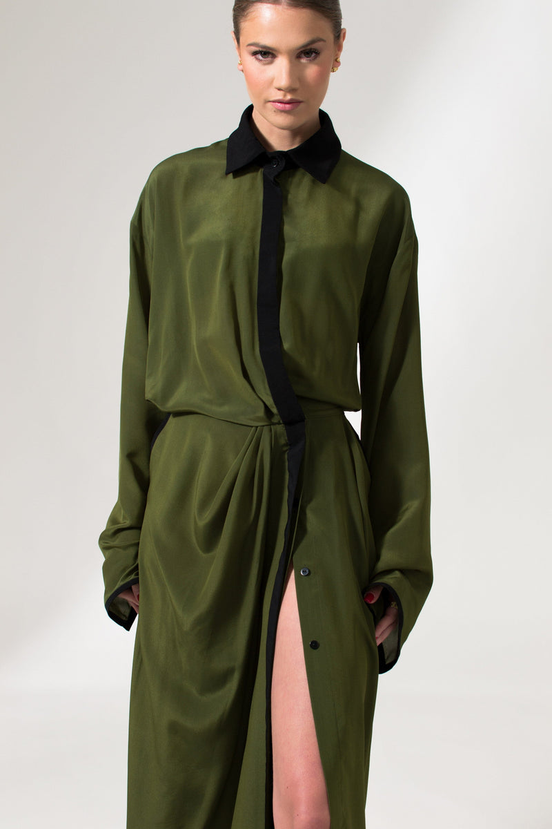 Bastet Noir Maxi Dresses The Angela Long Sleeve Crepe De Chine Maxi Dress in Olive