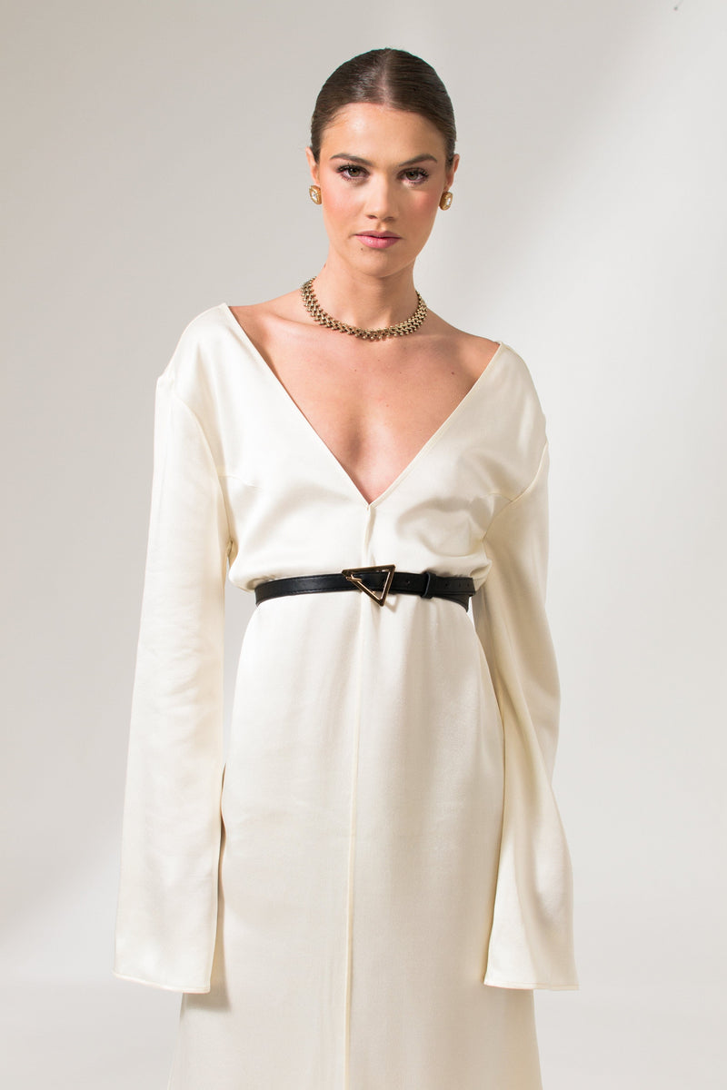 Bastet Noir Maxi Dresses The Kelly Maxi Evening Dress in Cream White, White, Dark Blue, or Black Satin Crepe Silk