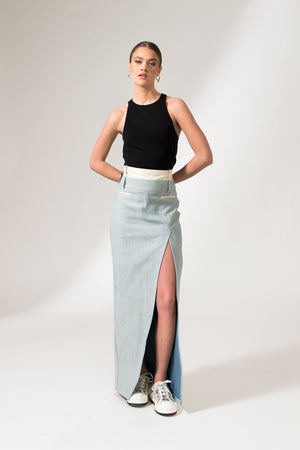 Bastet Noir Skirts The Mae Denim Maxi Skirt in Light Blue or Black