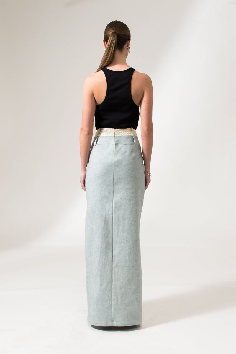 Bastet Noir Skirts The Mae Denim Maxi Skirt in Light Blue or Black