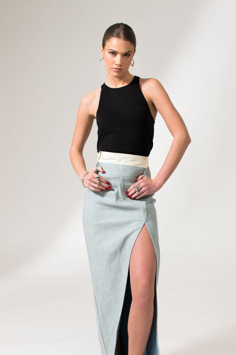 Bastet Noir Skirts The Mae Denim Maxi Skirt in Light Blue or Black