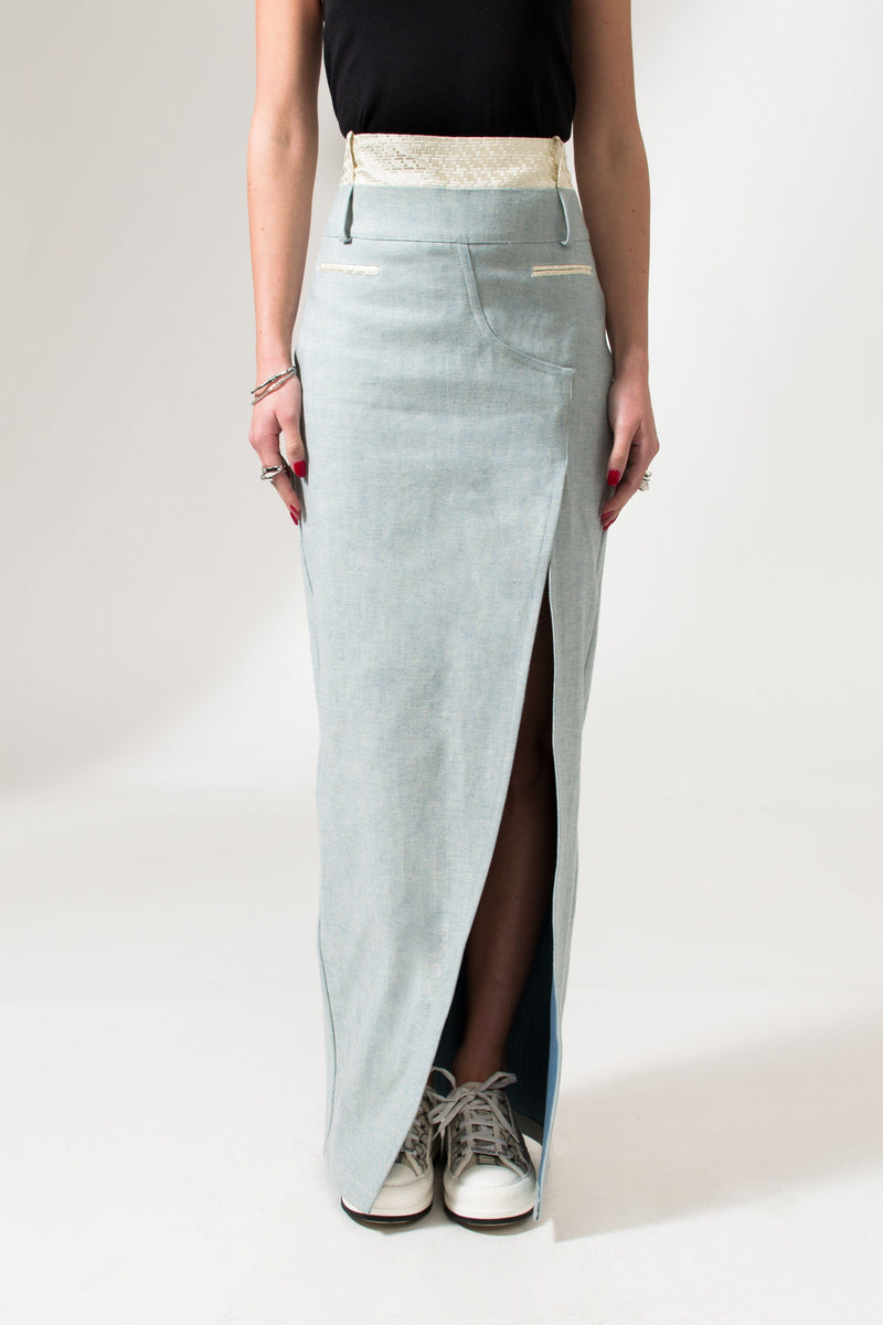 Bastet Noir Skirts The Mae Denim Maxi Skirt in Light Blue or Black