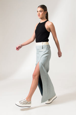 Bastet Noir Skirts The Mae Denim Maxi Skirt in Light Blue or Black