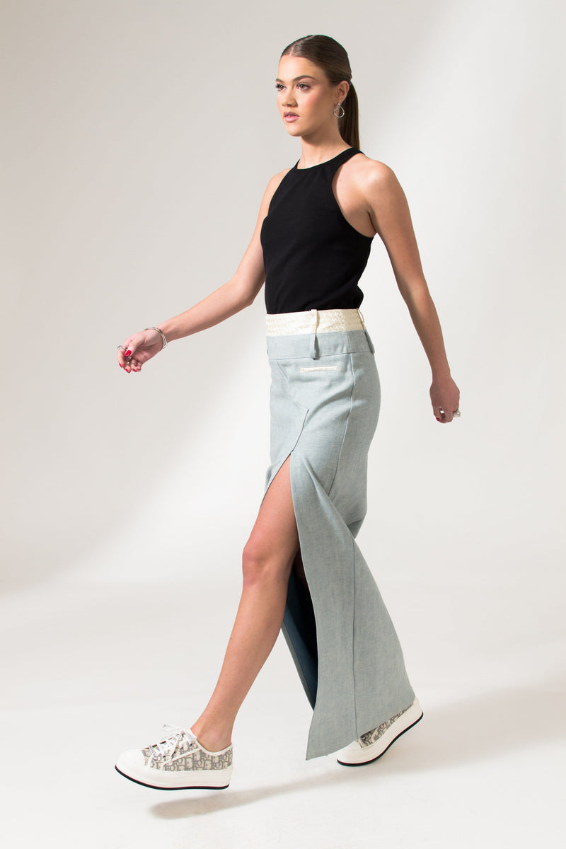 Bastet Noir Skirts The Mae Denim Maxi Skirt in Light Blue or Black