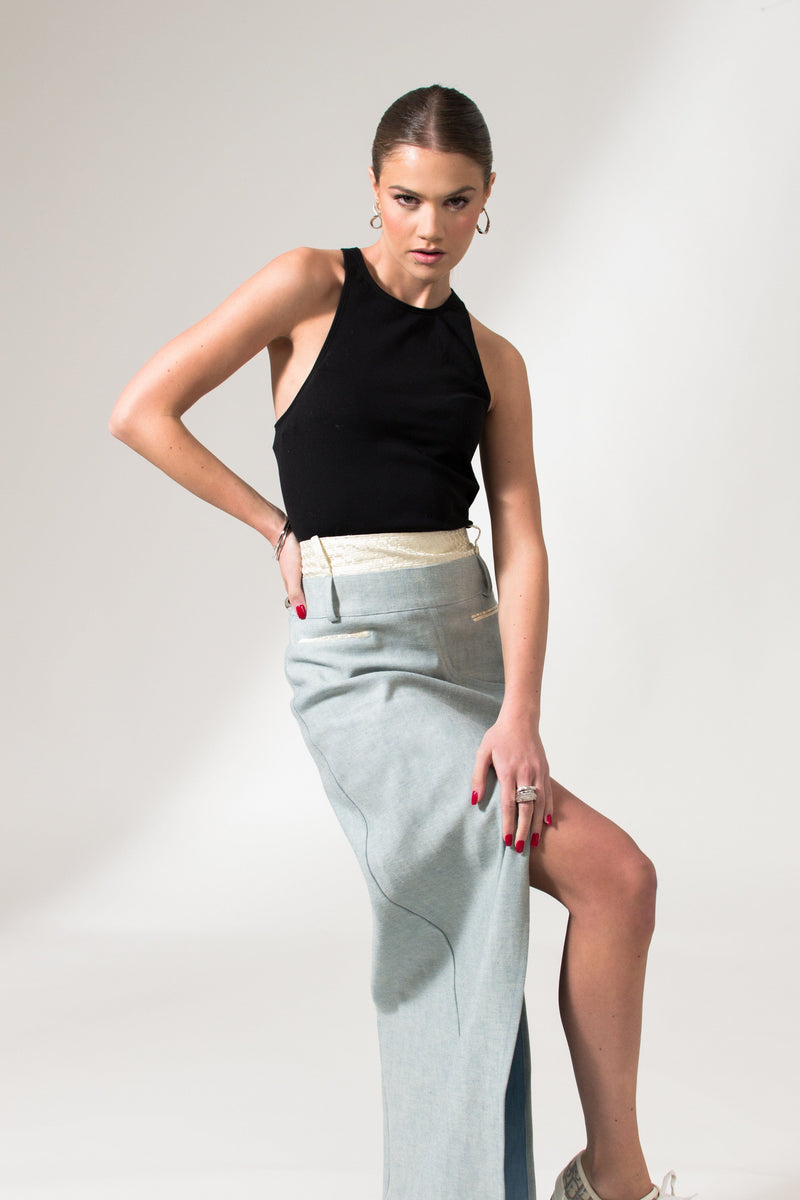 Bastet Noir Skirts The Mae Denim Maxi Skirt in Light Blue or Black