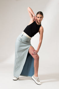 Bastet Noir Skirts The Mae Denim Maxi Skirt in Light Blue or Black