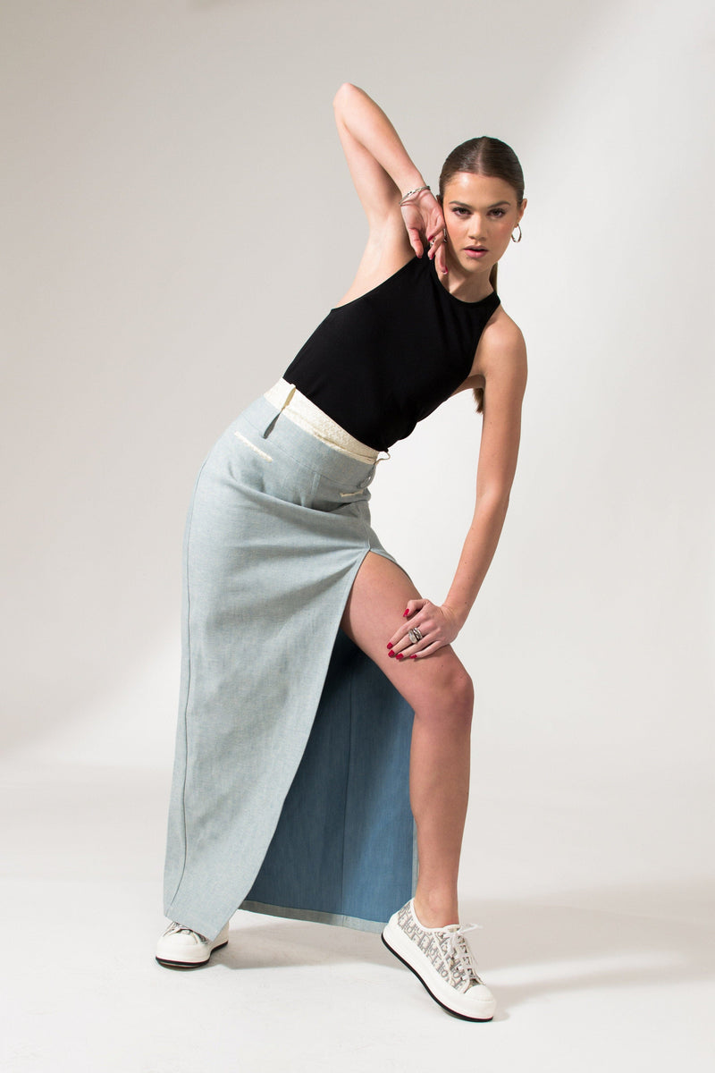 Bastet Noir Skirts The Mae Denim Maxi Skirt in Light Blue or Black