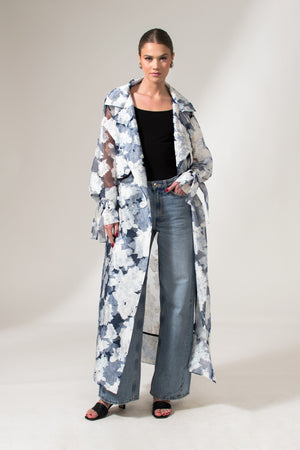 Bastet Noir Trench coat The Kathy Floral Blue Organza Maxi Trench Coat