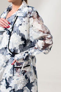 Bastet Noir Trench coat The Kathy Floral Blue Organza Maxi Trench Coat