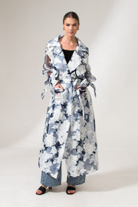 Bastet Noir Trench coat The Kathy Floral Blue Organza Maxi Trench Coat