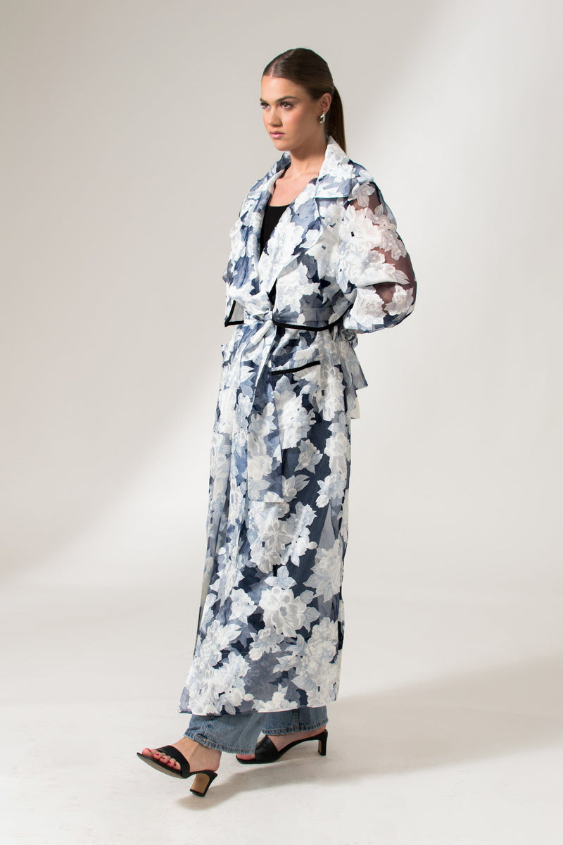 Bastet Noir Trench coat The Kathy Floral Blue Organza Maxi Trench Coat