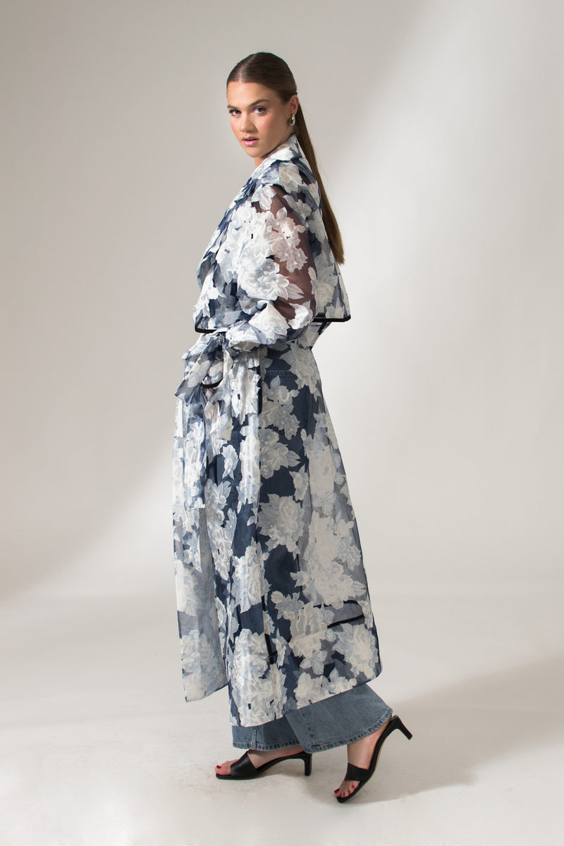 Bastet Noir Trench coat The Kathy Floral Blue Organza Maxi Trench Coat