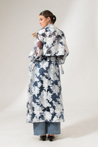 Bastet Noir Trench coat The Kathy Floral Blue Organza Maxi Trench Coat