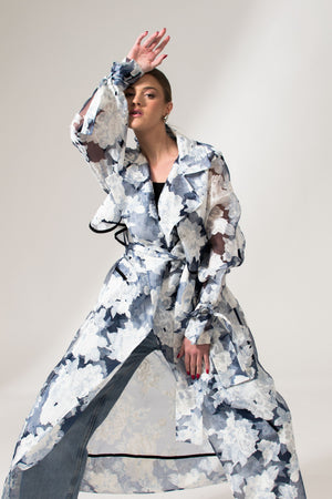 Bastet Noir Trench coat The Kathy Floral Blue Organza Maxi Trench Coat