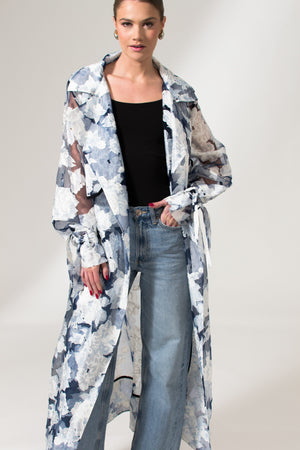 Bastet Noir Trench coat The Kathy Floral Blue Organza Maxi Trench Coat