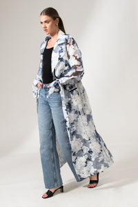 Bastet Noir Trench coat The Kathy Floral Blue Organza Maxi Trench Coat