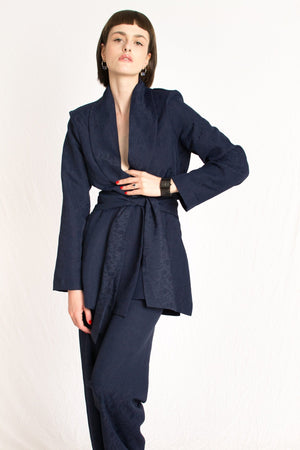 Bastet Noir Women's Blazer EU36/US4 / Navy blue The C.J. Walker  Navy Embossed Silk Floral 2 Piece Blazer & Pant Suit Set