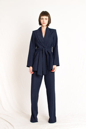 Bastet Noir Women's Blazer The C.J. Walker  Navy Embossed Silk Floral 2 Piece Blazer & Pant Suit Set