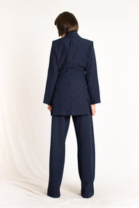 Bastet Noir Women's Blazer The C.J. Walker  Navy Embossed Silk Floral 2 Piece Blazer & Pant Suit Set